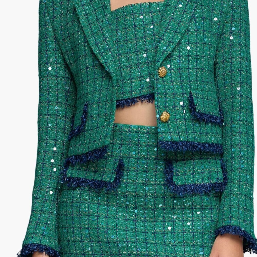 NWT Endless Rose Premium Green Navy Tweed Sequin Cropped Blazer Jacket Sz S
